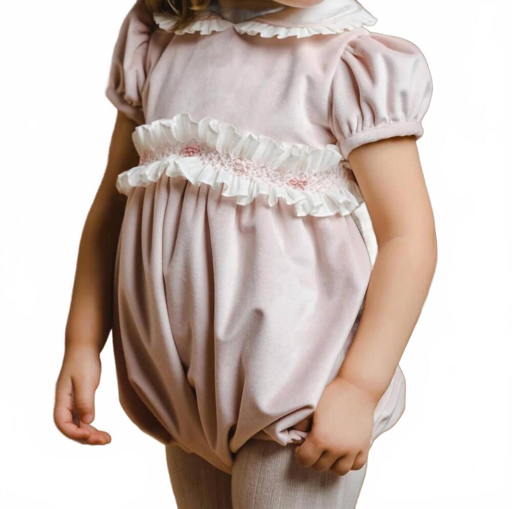 NEW SAL & PIMENTA girl's velvet bubble with smocked belt in powder pink